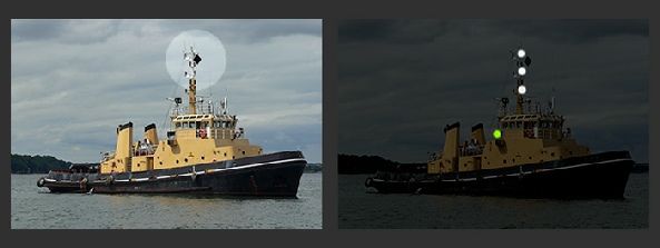 A towing vessel showing the signal (diamond) and  the 3 masthead lights for tow over 200m
