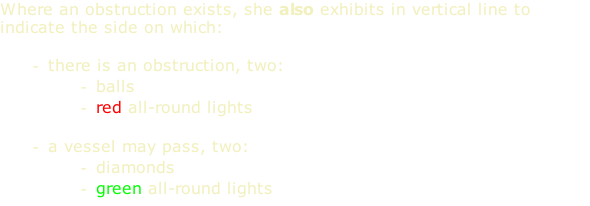 Where an obstruction exists, she also exhibits in vertical line to indicate the side on which:  there is an obstruction, two: balls red all-round lights  a vessel may pass, two: diamonds green all-round lights