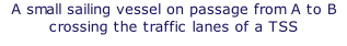 A small sailing vessel on passage from A to B crossing the traffic lanes of a TSS