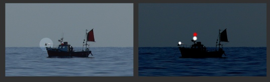 A vessel engaged in fishing other than trawling showing signal and all-round lights (not making way) with signal and light for outlying gear