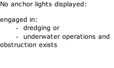 No anchor lights displayed:  engaged in: dredging or underwater operations and obstruction exists