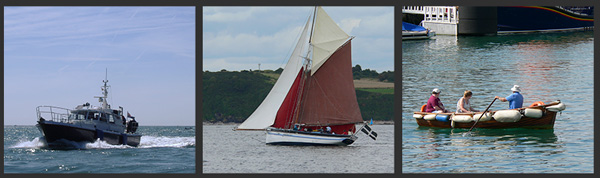 Three vessels making way:  under power, sail and oars