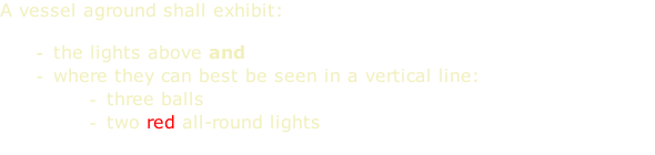 A vessel aground shall exhibit:  the lights above and where they can best be seen in a vertical line: three balls two red all-round lights
