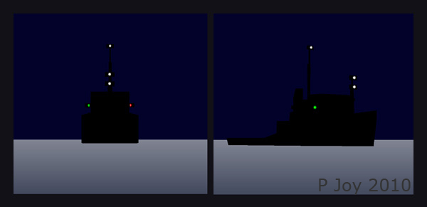 Diagram:  vessel towing:  length of tow more than 200m - from ahead and from starboard bow