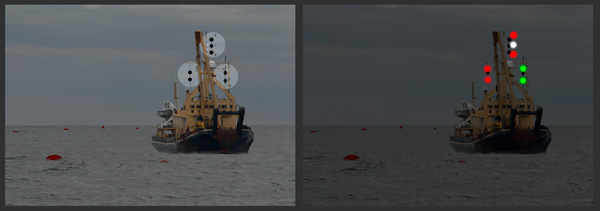 A vessel engaged in underwater operations where an obstruction exists on her starboard side - not making way