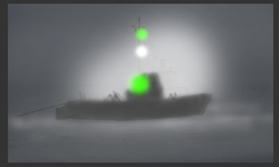 Vessel engaged in trawling making way - showing backscatter from lights