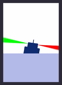 Diagram:  power-driven vessel showing vertical sectors of lights - heeled or listing