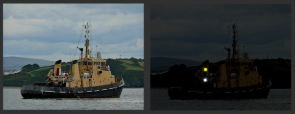 A vessel towing seen from astern