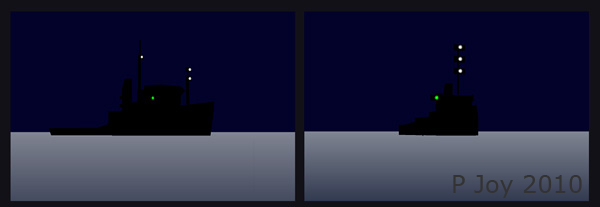 Diagram:   two power-driven vessels from starboard bow; vessel with tow not more than 200m & vessel under 50m with tow more than 200m