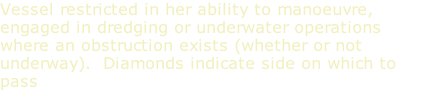 Vessel restricted in her ability to manoeuvre, engaged in dredging or underwater operations where an obstruction exists (whether or not underway).  Diamonds indicate side on which to pass