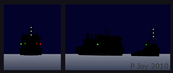 Diagram:  vessel under 50m, towing a vessel:  length of tow more than 200m - from ahead and from starboard bow