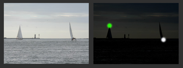 Two sailing vessels under 20m, vessel on left with combined lantern, vessel on right with low-level lights
