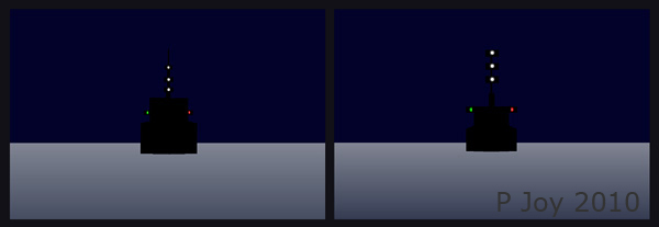 Diagram:   two power-driven vessels from ahead; vessel with tow not more than 200m & vessel under 50m with tow more than 200m