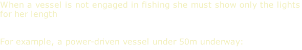 When a vessel is not engaged in fishing she must show only the lights for her length   For example, a power-driven vessel under 50m underway:
