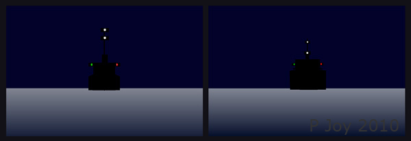 Diagram:  two power-driven vessels from ahead; vessel under 50m with tow not more than 200m & vessel underway